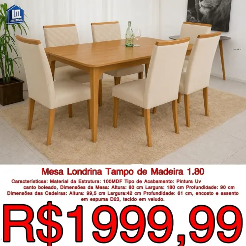 Mesa Londrina Tampo de Madeira 1.80
