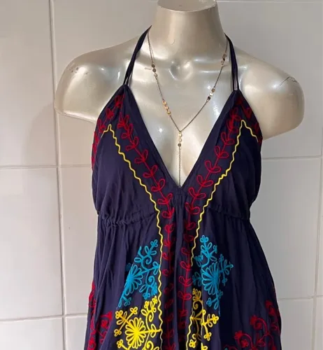 vestido indiano azul bordado tamanho único