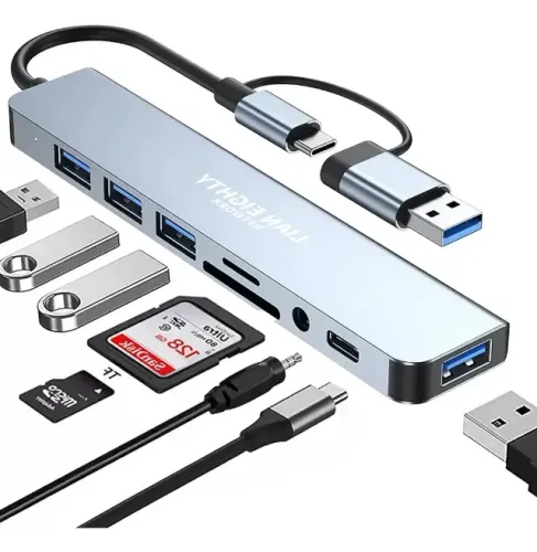 Adaptador Hub Usb-c E 3.0, 8 Em 1 P2 Estéreo Usb Sd Cartões Azul-claro