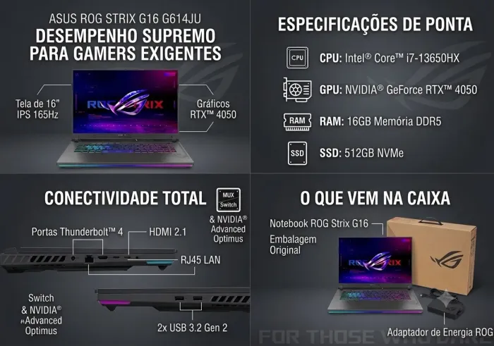 Roda tudo! Notebook Gamer ASUS ROG Strix G16 (i7 13ª Ger / RTX 4050 / 16GB) - Seminovo!