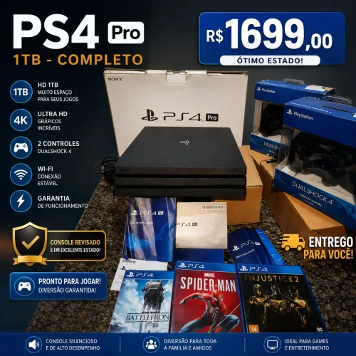 PS4, Playstation 4 Pro, 2 controles, 3 jogos, caixa e manual<br>