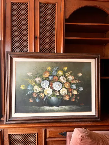 Quadro Pintura a Óleo Flores em Vaso com Moldura de Madeira 115x85cm