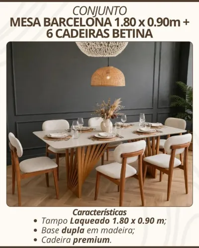 Conjunto Mesa Barcelona 1,80x0,90 c/ 6 cadeiras betina premium e base dupla madeira