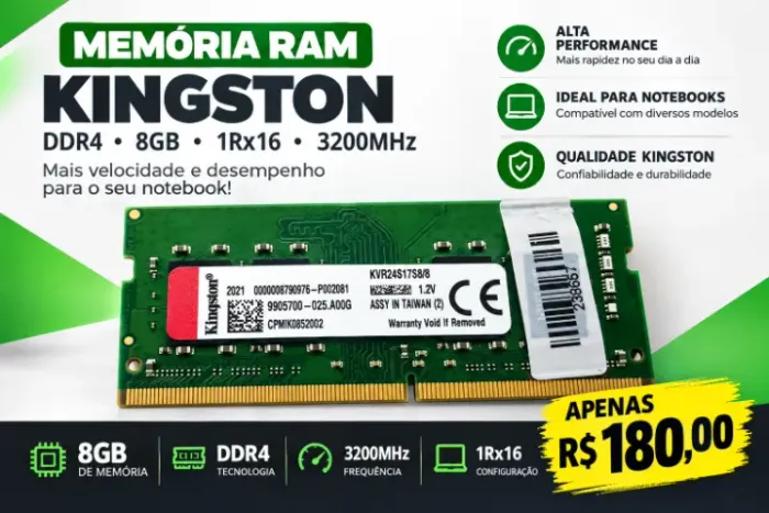 ? Memória RAM Kingston 8GB DDR4 3200MHz para Notebook