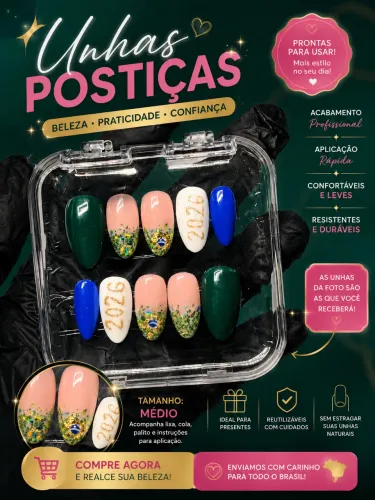 Unhas Postiças Copa 2026 - Artesanais e Reutilizáveis com Kit Aplicação