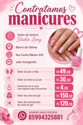 Contratamos MANICURE!!!! Salão de beleza Studio Lany, Bairro de Fátima.