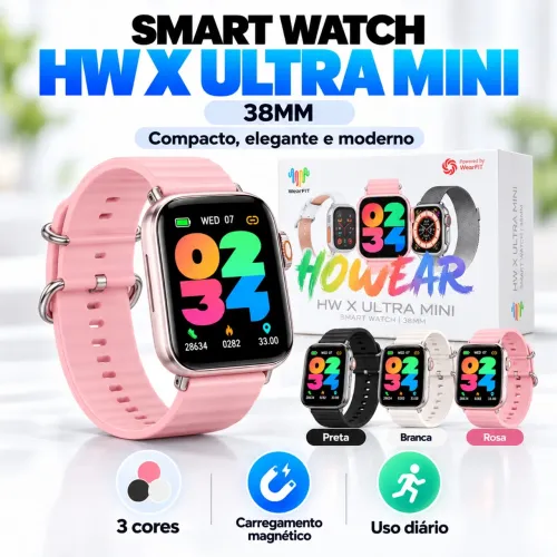 Smartwatch HW X Ultra Mini 38mm Relógio Bluetooth Chamadas Tela Touch WearFit Pro