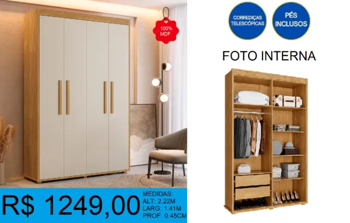 Guarda roupa solteiro 4 portas - compre hoje e receba em até 72h
