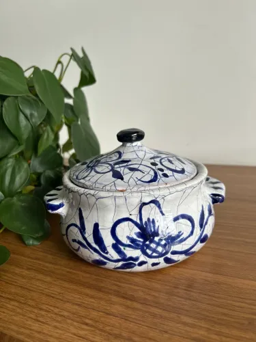 Cerâmica Vintage Esmaltada com Tampa Branco e Azul