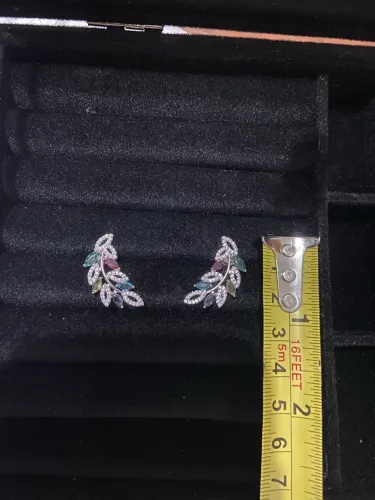 Brincos prateados com desenho de folhas pedras brancas e coloridas 