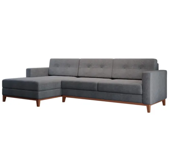 Sofá 3 Lugares Living com Chaise Esquerdo Pés e Base em Madeira Linho Cotton Cinza