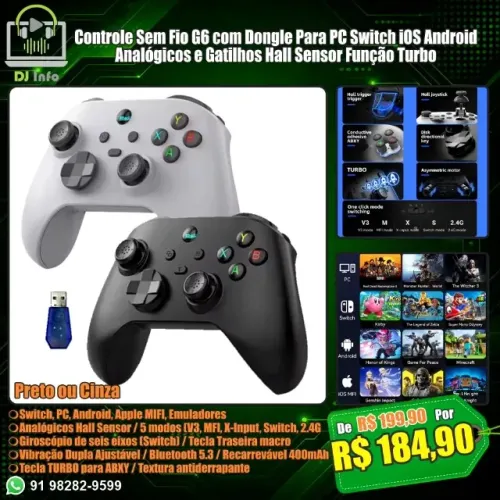 Controle Sem Fio G6 Dongle PC Switch iOS Android Analógicos Gatilhos Hall Sensor Turbo