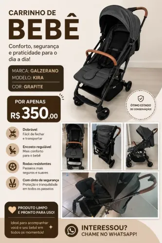 Carrinho De Bebê Galzerano Kira Grafite - Seminovo (Ótimo Estado)