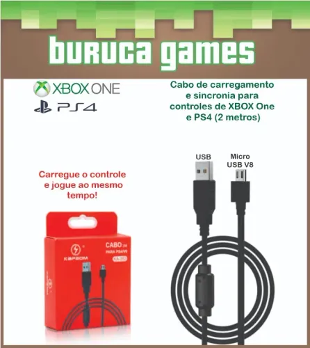 Cabo para jogar e ou carregar controles XBOX One Fat, Slim, X e Dualshock 4 de PS4