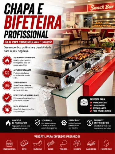 Chapa e Bifeteira Para Carnes Industrial Aço Carbono 90cm PROFISSIONAL- PROMOÇÃO
