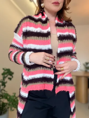 Cardigan de Tricô M/G Listrado Rosa, Branco e Marrom