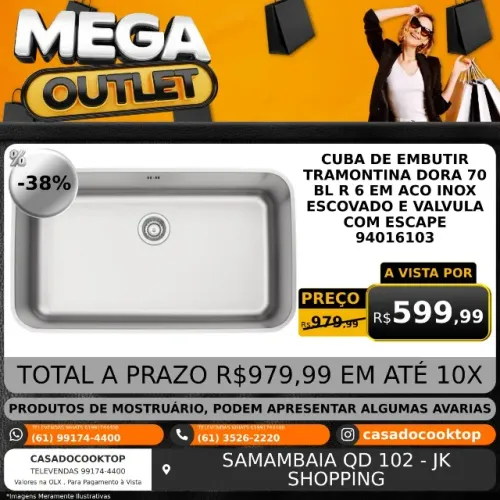 CUBA DE EMBUTIR TRAMONTINA DORA 70 BL R6 EM ACO INOX ESCOVADO E VALVULA COM ESCAPE 9401610