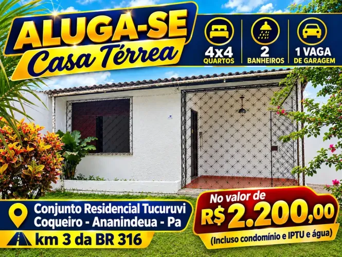Casa para alugar com 4x4, no Conjunto Residencial Tucuruvi, Coqueiro, Ananindeua, Pará