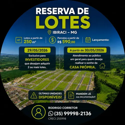 LOTEAMENTO CIDADE NOVA EM IBIRACI MG!! LOTES A VENDA