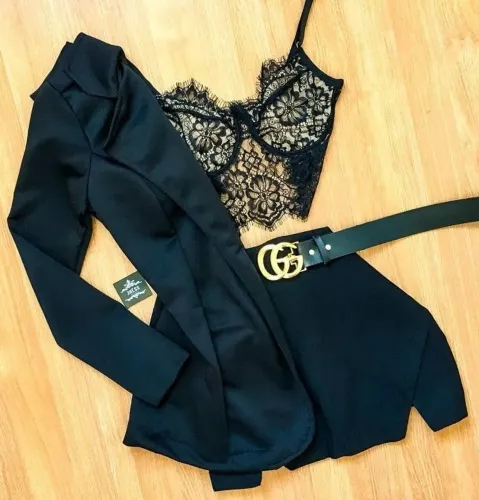 Conjunto Feminino Elegância Black - Blazer + Cropped Rendado + Short