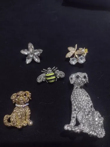 lindo conjunto de broches de metal cravejado de pedras