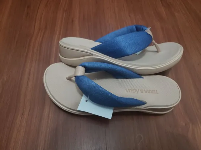 tamanco confort terra e água bege/azul de tecido ortopédico<br>- entrego