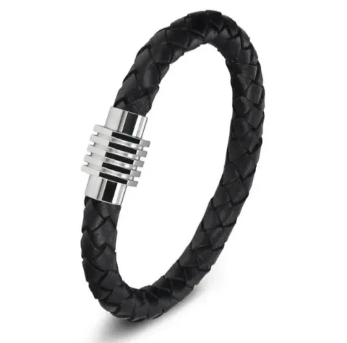 Kit Pulseira Couro Legítimo Trançado Magnética e Puseira Pedra Lisa Coroa Ajustável