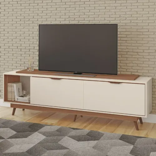 Rack Poliana 100% MDF Tuboarte 2 Portas 1 Nicho e Pés Estilo Retrô
