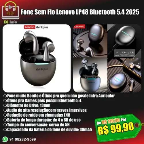 Fone Sem Fio Lenovo LP48 Bluetooth 5.4 2025
