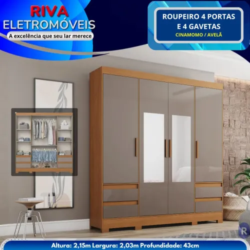 Roupeiro 4 Portas 4 Gavetas com Espelho | sem entrada | 10x no crediário próprio da loja