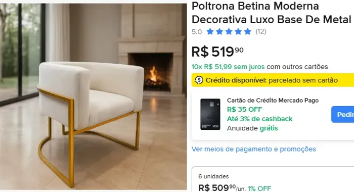 NOVO - Poltrona Betina Moderna Decorativa Luxo Base De Metal - Bege