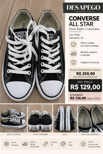 Tênis Converse All Star Chuck Taylor Preto Original - 33 - Pouco Usado