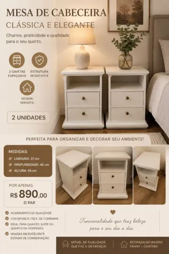  PAR DE MESAS DE CABECEIRA - DESIGN CLÁSSICO E ELEGANTE 