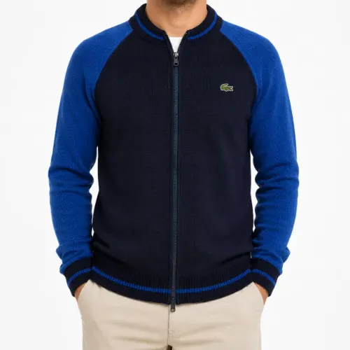 Blusa Suéter Lacoste Masculina Original com Zíper Azul Marinho