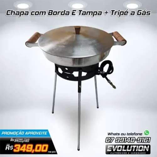 Chapa de Aluminio com Borda e Tampa + Tripé a Gás com Mangueira Completo