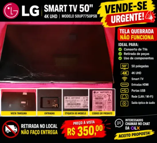 TV QUEBRADA Smart TV LG 50" 4K 50UP7750PSB - Para Conserto/Peças