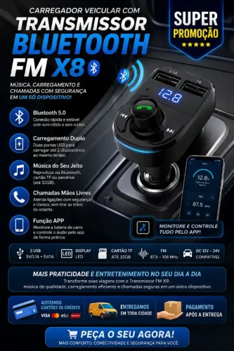 CARREGADOR VEICULAR COM TRANSMISSOR BLUETOOTH FM