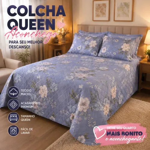 Colcha Queen Premium Floral Azul | Kit Colcha de Cama Aconchegante