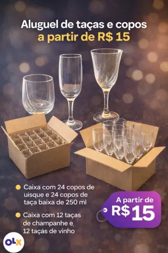 Locação de Copos taça baixa, Taças para Champanhe, Taças para vinho e Copos para uísque