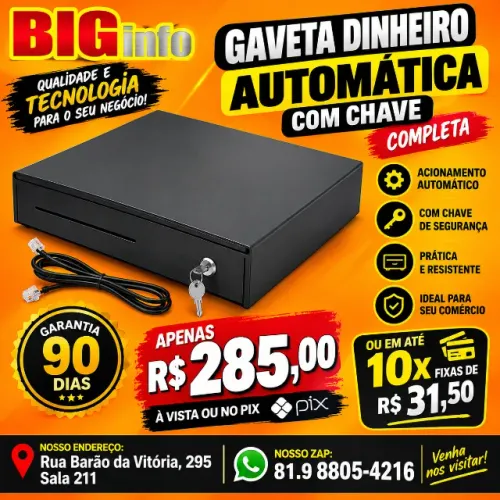 Gaveta de Dinheiro Reforçada com Abertura Automática e Manual - Em ate 10x Fixas