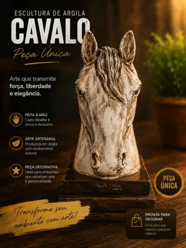 Escultura de argila cabelo cavalo com base madeira