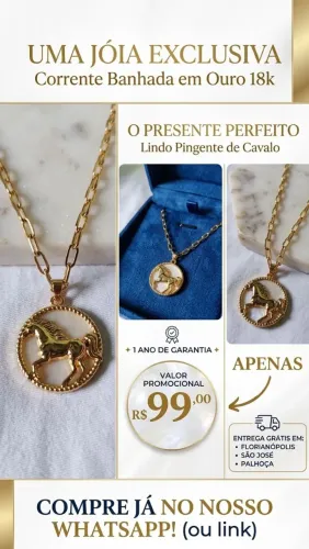 Linda corrente banhada em ouro, pingente de cavalo
