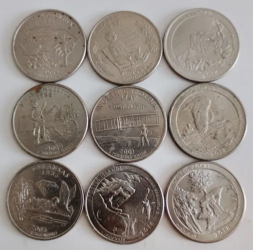 9 moedas dos Estados Unidos - Série Estados e Parques Americanos