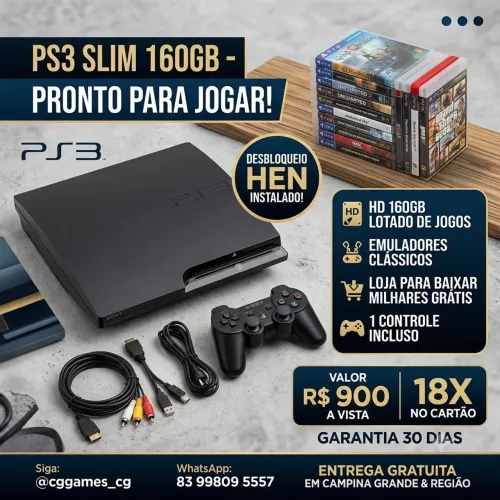 PS3 Slim 160GB Desbloqueado HEN + Lacre Sony Intacto (Nunca Aberto) + Loja de Jogos