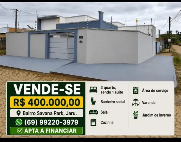 Casa  em Jaru, 3 quartos 1 suíte, garagem, 2 banheiros, área social.
