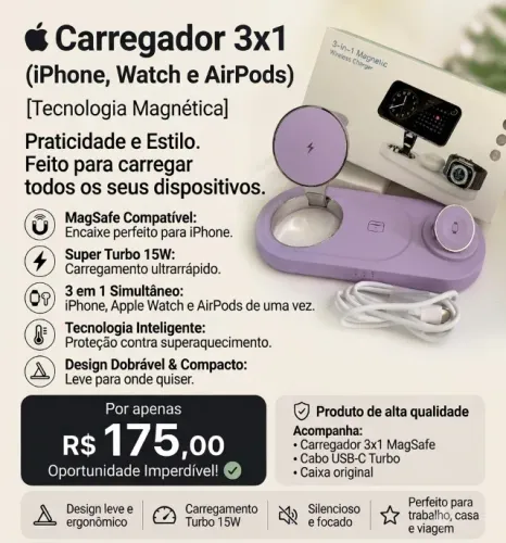 Carregador por indução TURBO 15w 3 em 1 (iPhone, Apple Watch e AirPods - somente Apple)