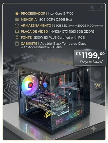 PC GAMER Core i3-7100 8GB DDR4 64GB SSD HD 500GB GTX 1060 3GB GDDR5 