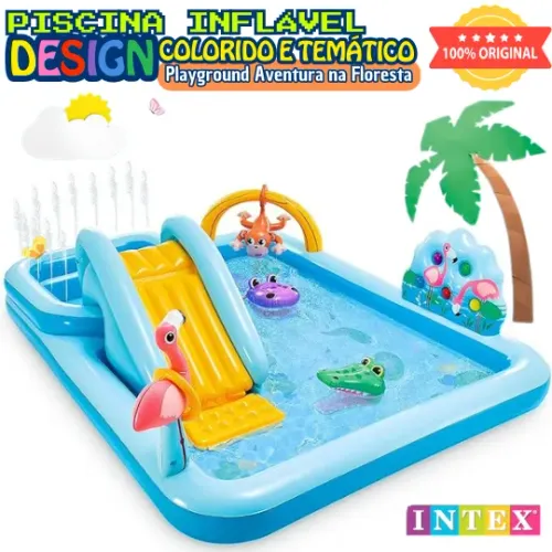 PISCINA MEGA PLAYGROUND INFLÁVEL 493L AVENTURA NA FLORESTA, TEMA SELVA, FLAMINGO, ARGOLAS