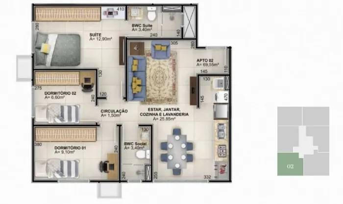 Apartamento de 3 quartos, 1 suíte, 1 vaga de garagem NOVO em Araranguá SC