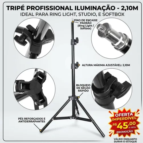Tripé Profissional Iluminação Para Ring Light e Studio P/Softbox 2,10M